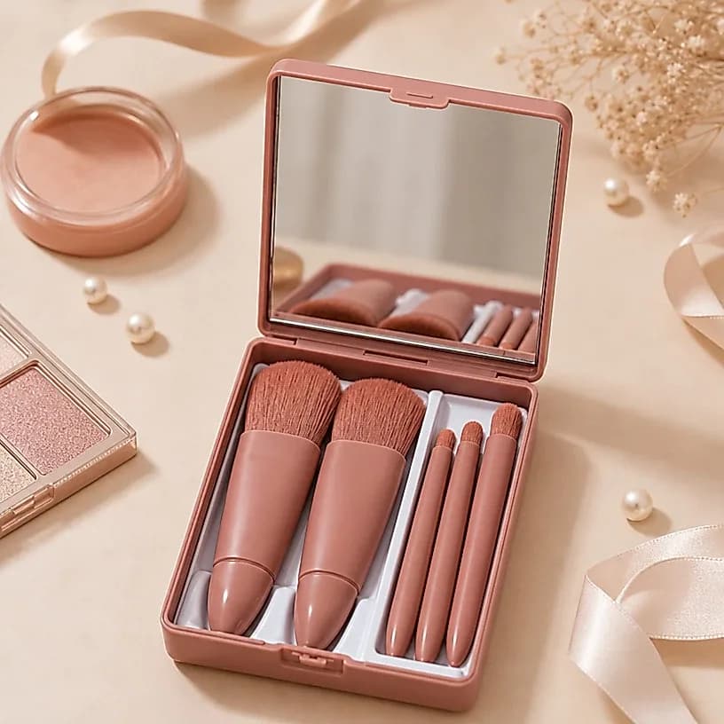 💄 Kit Mini de Pincéis de Maquiagem 5 em 1 com Espelho